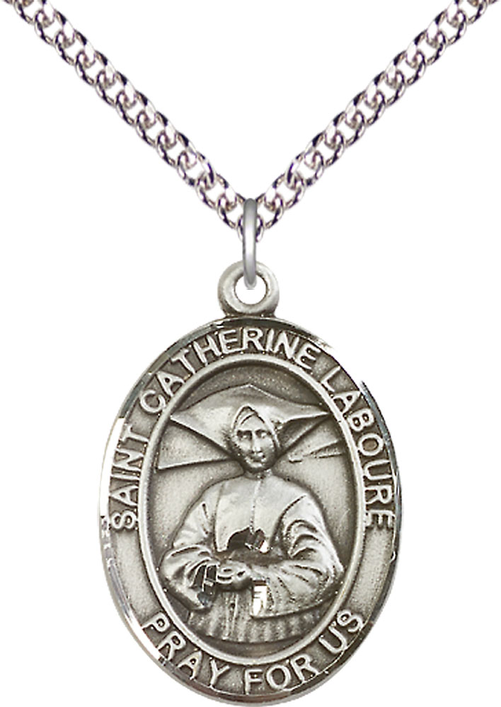 Sterling Silver Saint Catherine Laboure Pendant on a 24 inch Sterling Silver Heavy Curb chain