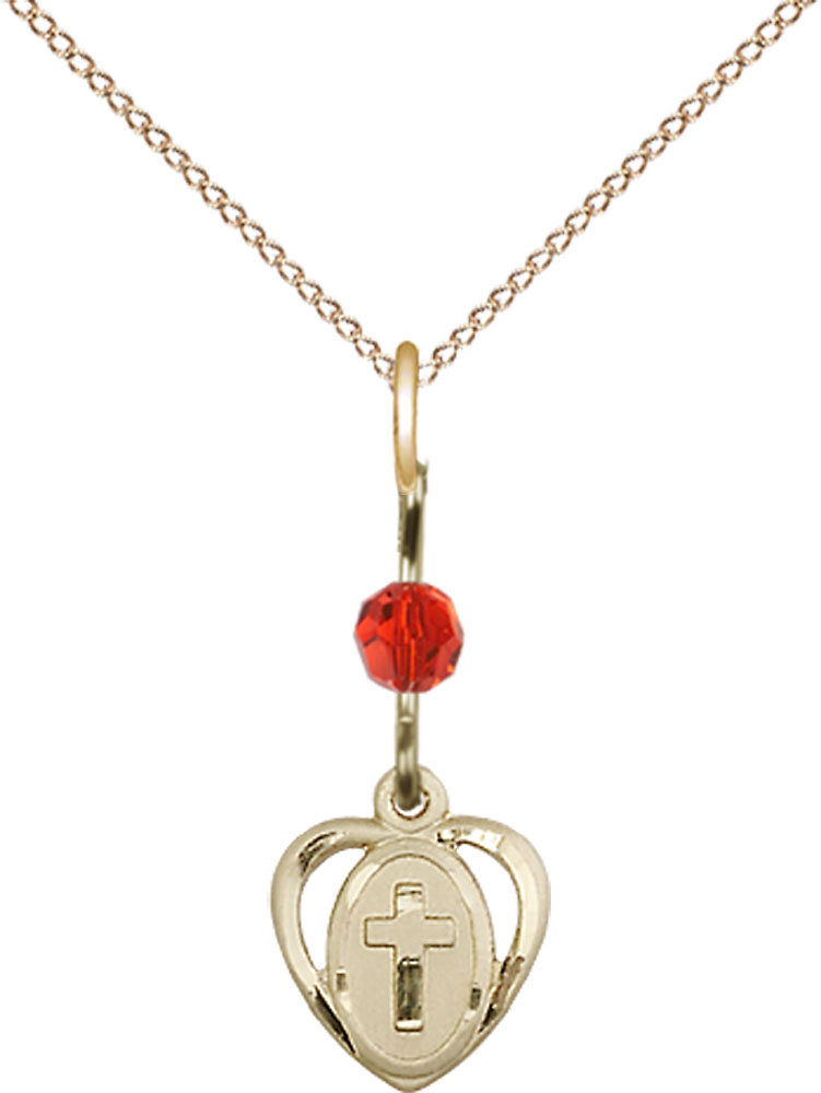 14kt Gold Filled Heart Cross Pendant with a Ruby bead on a 18 inch Gold Filled Light Curb chain