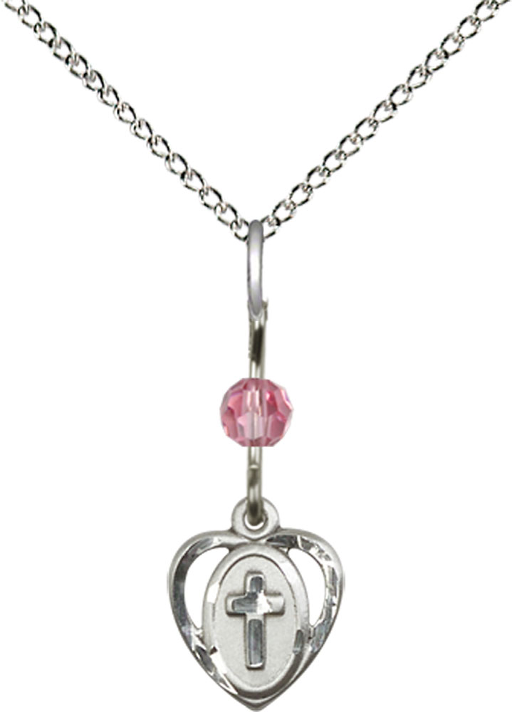 Sterling Silver Heart Cross Pendant with a Rose bead on a 18 inch Sterling Silver Light Curb chain