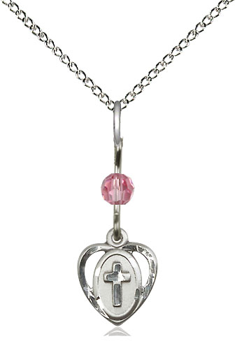 Sterling Silver Heart Cross Pendant with a Rose bead on a 18 inch Sterling Silver Light Curb chain