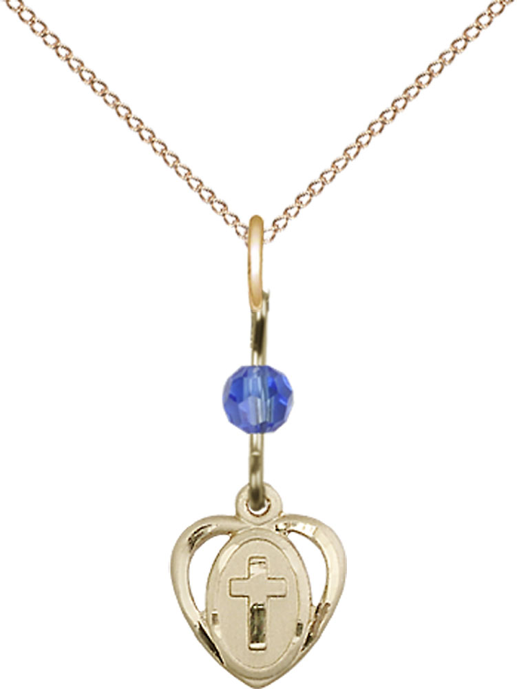 14kt Gold Filled Heart Cross Pendant with a Sapphire bead on a 18 inch Gold Filled Light Curb chain