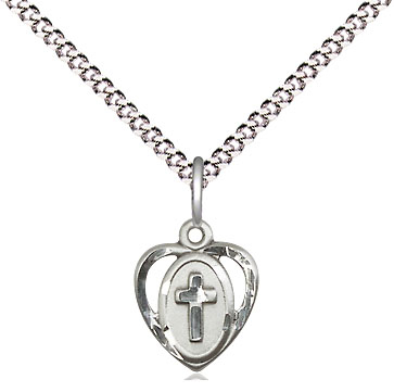 Sterling Silver Heart Cross Pendant with a Sapphire bead on a 18 inch Light Rhodium Light Curb chain