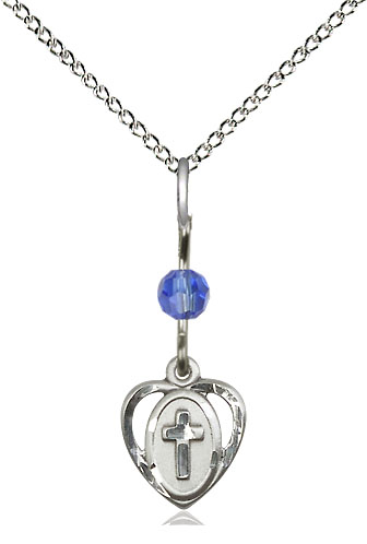 Sterling Silver Heart Cross Pendant with a Sapphire bead on a 18 inch Sterling Silver Light Curb chain