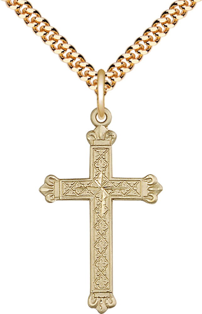 14kt Gold Filled Cross Pendant on a 24 inch Gold Plate Heavy Curb chain