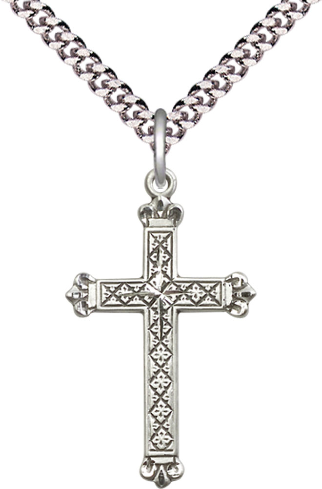 Sterling Silver Cross Pendant on a 24 inch Light Rhodium Heavy Curb chain