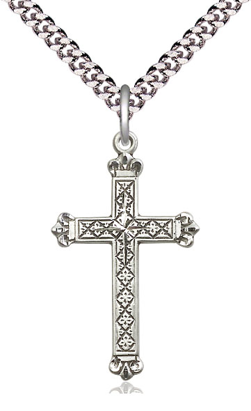 Sterling Silver Cross Pendant on a 24 inch Light Rhodium Heavy Curb chain