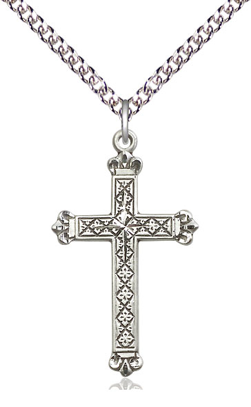 Sterling Silver Cross Pendant on a 24 inch Sterling Silver Heavy Curb chain