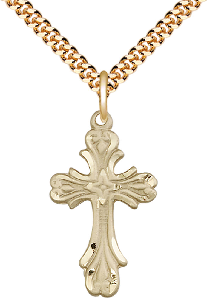14kt Gold Filled Cross Pendant on a 24 inch Gold Plate Heavy Curb chain