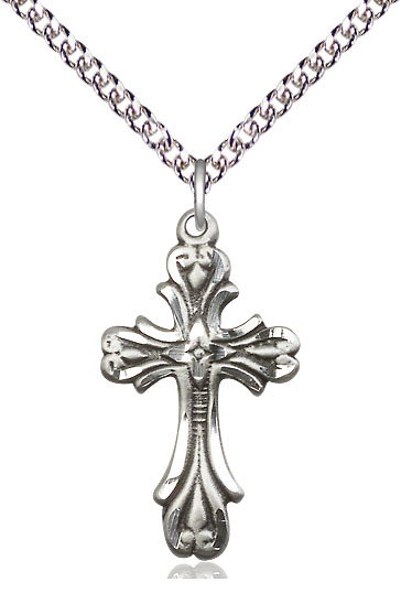 Sterling Silver Cross Pendant on a 24 inch Sterling Silver Heavy Curb chain