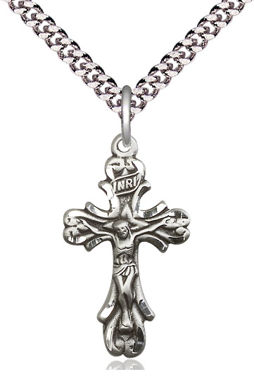 Sterling Silver Crucifix Pendant on a 24 inch Light Rhodium Heavy Curb chain