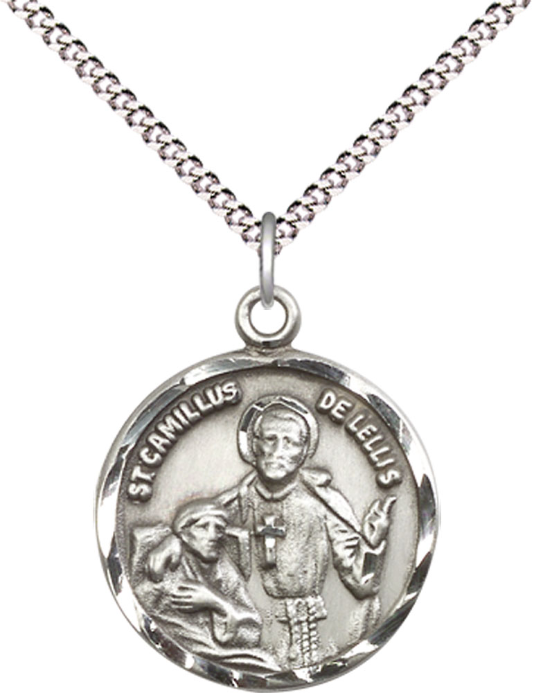 Sterling Silver Saint Camillus of Lellis Pendant on a 18 inch Light Rhodium Light Curb chain