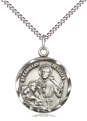 Sterling Silver Saint Camillus of Lellis Pendant on a 18 inch Light Rhodium Light Curb chain