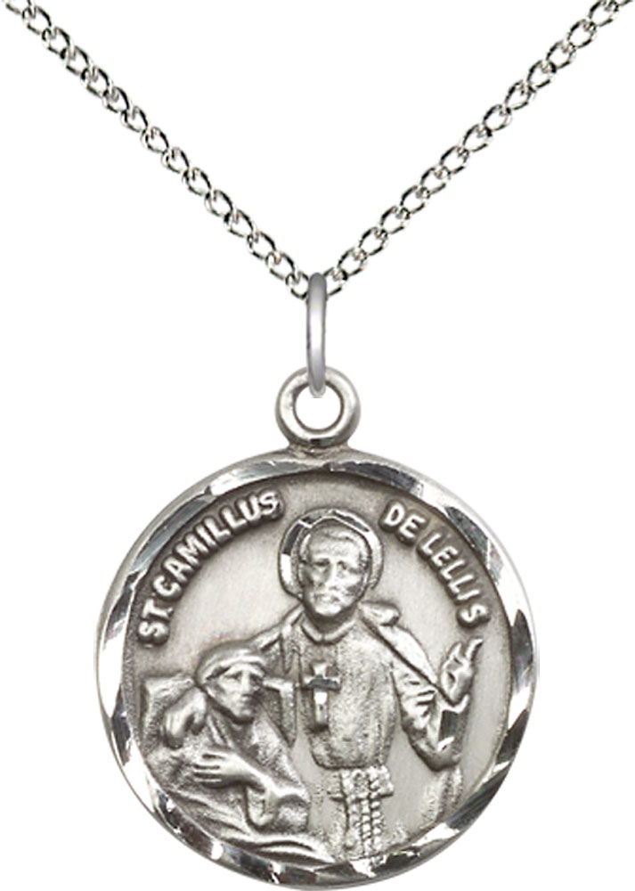 Sterling Silver Saint Camillus of Lellis Pendant on a 18 inch Sterling Silver Light Curb chain