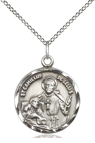 Sterling Silver Saint Camillus of Lellis Pendant on a 18 inch Sterling Silver Light Curb chain