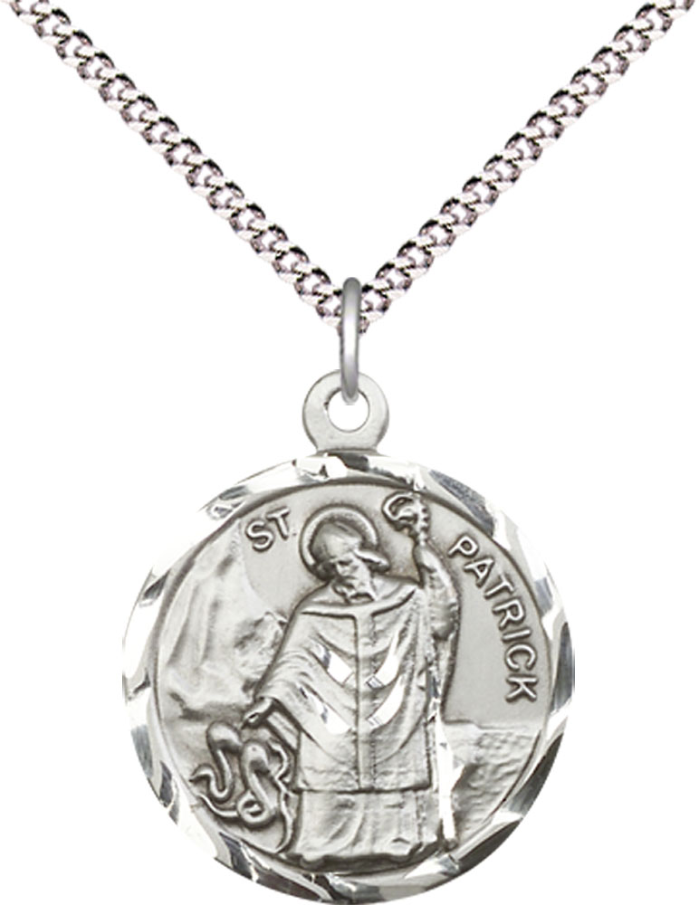 Sterling Silver Saint Patrick Pendant on a 18 inch Light Rhodium Light Curb chain