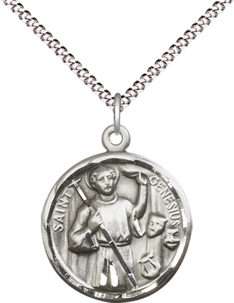 Sterling Silver Saint Genesius of Rome Pendant on a 18 inch Light Rhodium Light Curb chain