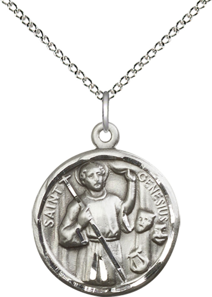 Sterling Silver Saint Genesius of Rome Pendant on a 18 inch Sterling Silver Light Curb chain