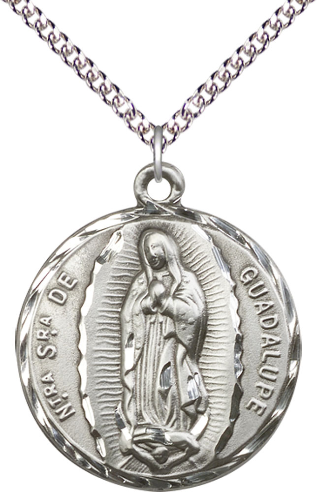 Sterling Silver Our Lady of Guadalupe Pendant on a 24 inch Sterling Silver Heavy Curb chain