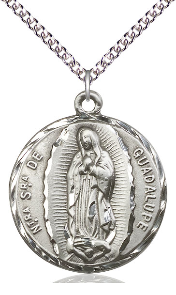 Sterling Silver Our Lady of Guadalupe Pendant on a 24 inch Sterling Silver Heavy Curb chain