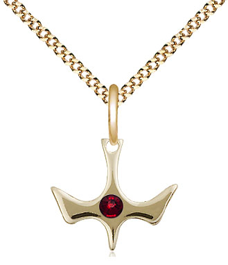 14kt Gold Filled Holy Spirit Pendant with a 3mm Garnet Swarovski stone on a 18 inch Gold Plate Light Curb chain