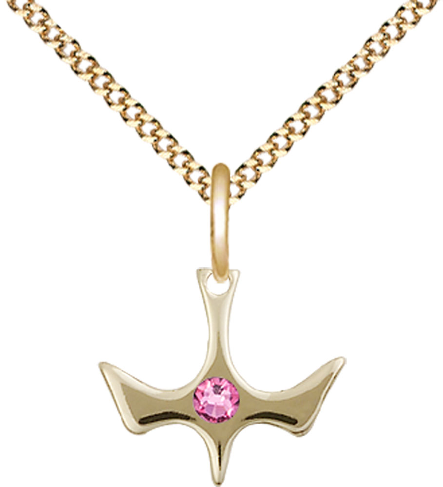 14kt Gold Filled Holy Spirit Pendant with a 3mm Rose Swarovski stone on a 18 inch Gold Plate Light Curb chain