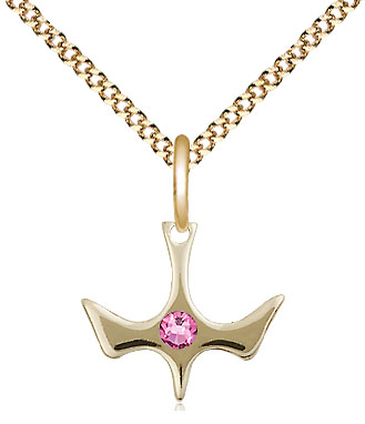 14kt Gold Filled Holy Spirit Pendant with a 3mm Rose Swarovski stone on a 18 inch Gold Plate Light Curb chain