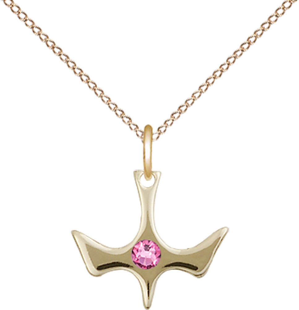 14kt Gold Filled Holy Spirit Pendant with a 3mm Rose Swarovski stone on a 18 inch Gold Filled Light Curb chain