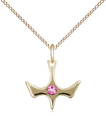 14kt Gold Filled Holy Spirit Pendant with a 3mm Rose Swarovski stone on a 18 inch Gold Filled Light Curb chain