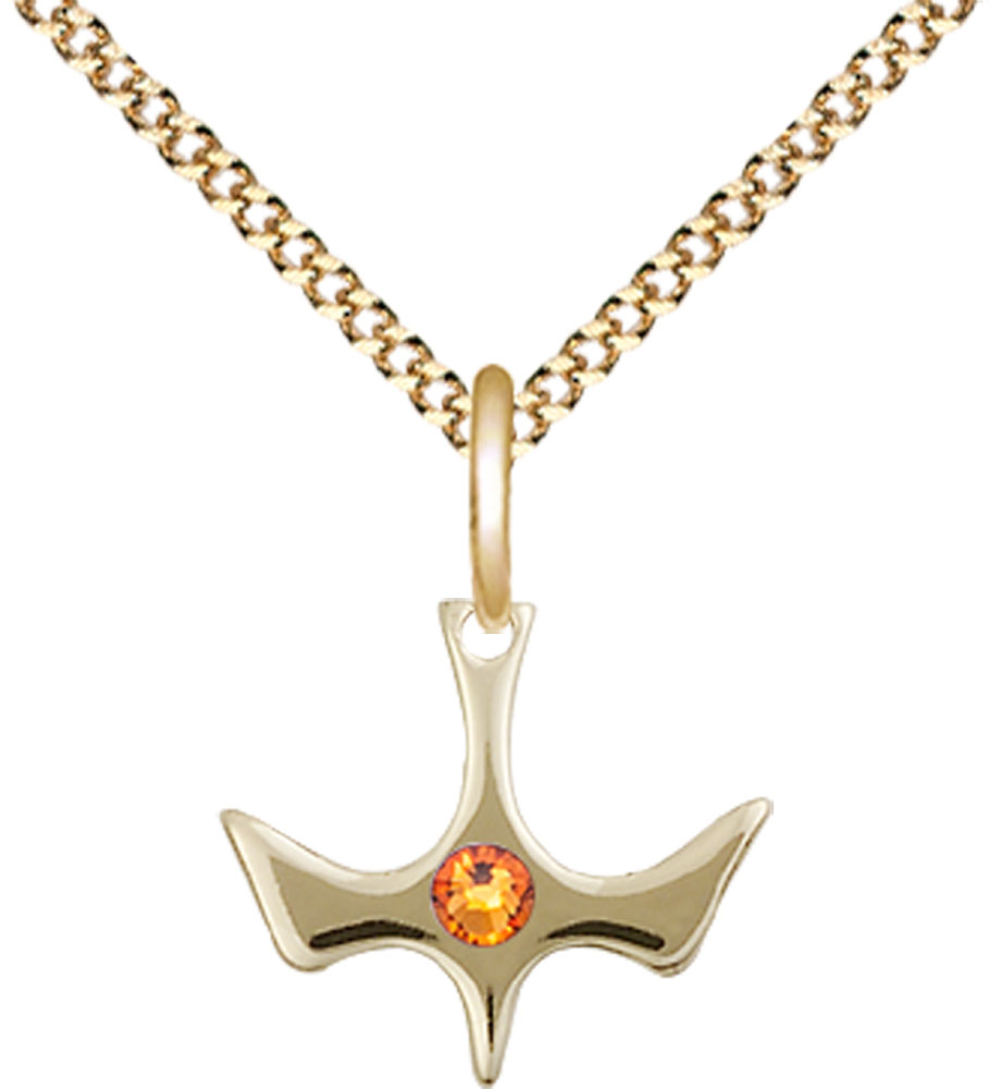 14kt Gold Filled Holy Spirit Pendant with a 3mm Topaz Swarovski stone on a 18 inch Gold Plate Light Curb chain