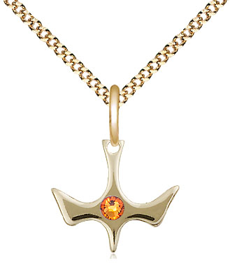 14kt Gold Filled Holy Spirit Pendant with a 3mm Topaz Swarovski stone on a 18 inch Gold Plate Light Curb chain