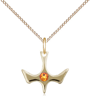 14kt Gold Filled Holy Spirit Pendant with a 3mm Topaz Swarovski stone on a 18 inch Gold Filled Light Curb chain