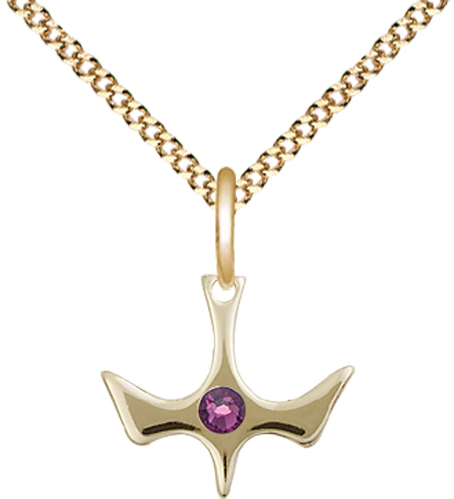 14kt Gold Filled Holy Spirit Pendant with a 3mm Amethyst Swarovski stone on a 18 inch Gold Plate Light Curb chain
