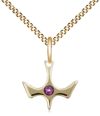 14kt Gold Filled Holy Spirit Pendant with a 3mm Amethyst Swarovski stone on a 18 inch Gold Plate Light Curb chain