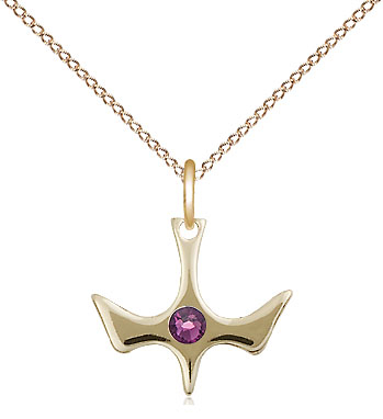 14kt Gold Filled Holy Spirit Pendant with a 3mm Amethyst Swarovski stone on a 18 inch Gold Filled Light Curb chain