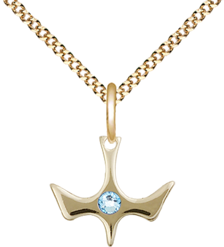 14kt Gold Filled Holy Spirit Pendant with a 3mm Aqua Swarovski stone on a 18 inch Gold Plate Light Curb chain
