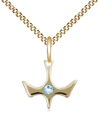 14kt Gold Filled Holy Spirit Pendant with a 3mm Aqua Swarovski stone on a 18 inch Gold Plate Light Curb chain