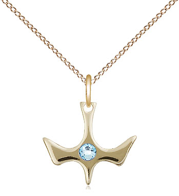 14kt Gold Filled Holy Spirit Pendant with a 3mm Aqua Swarovski stone on a 18 inch Gold Filled Light Curb chain