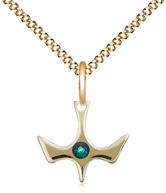 14kt Gold Filled Holy Spirit Pendant with a 3mm Emerald Swarovski stone on a 18 inch Gold Plate Light Curb chain