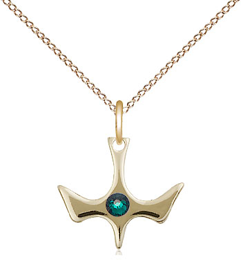 14kt Gold Filled Holy Spirit Pendant with a 3mm Emerald Swarovski stone on a 18 inch Gold Filled Light Curb chain