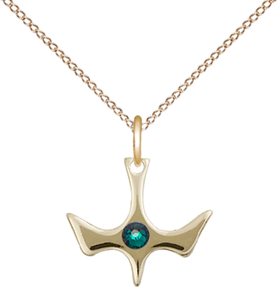 14kt Gold Filled Holy Spirit Pendant with a 3mm Emerald Swarovski stone on a 18 inch Gold Filled Light Curb chain