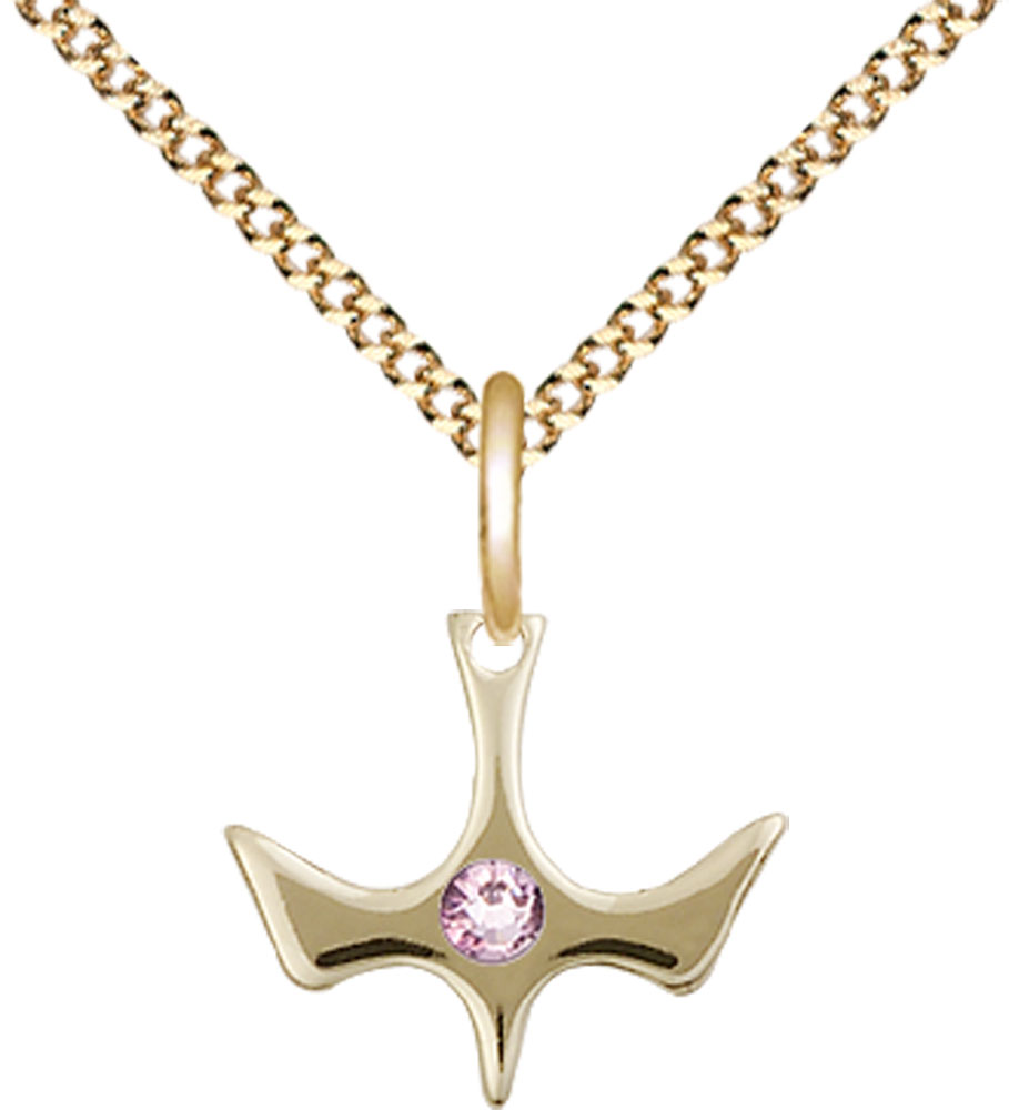 14kt Gold Filled Holy Spirit Pendant with a 3mm Light Amethyst Swarovski stone on a 18 inch Gold Plate Light Curb chain