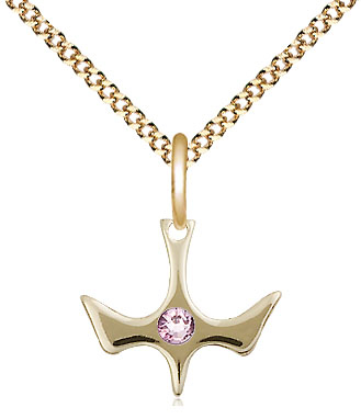 14kt Gold Filled Holy Spirit Pendant with a 3mm Light Amethyst Swarovski stone on a 18 inch Gold Plate Light Curb chain