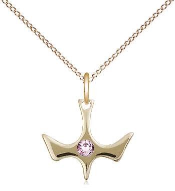 14kt Gold Filled Holy Spirit Pendant with a 3mm Light Amethyst Swarovski stone on a 18 inch Gold Filled Light Curb chain