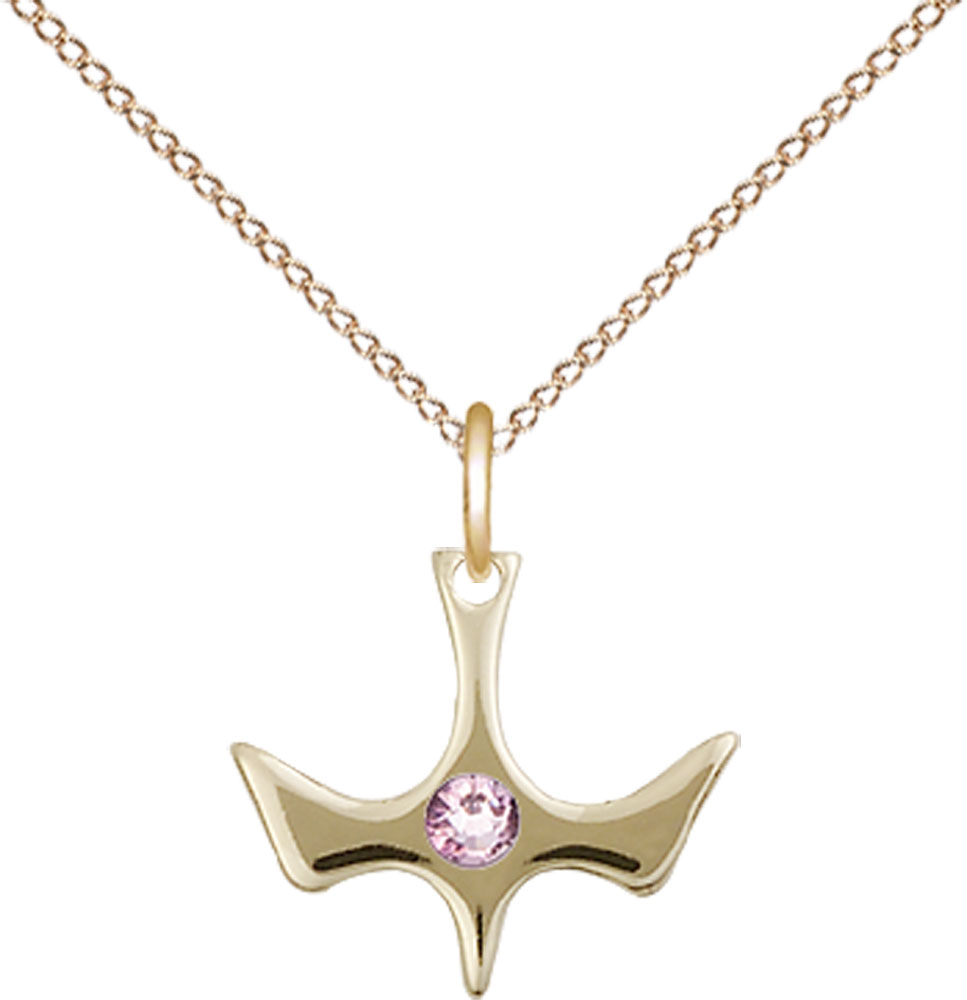 14kt Gold Filled Holy Spirit Pendant with a 3mm Light Amethyst Swarovski stone on a 18 inch Gold Filled Light Curb chain