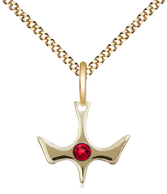 14kt Gold Filled Holy Spirit Pendant with a 3mm Ruby Swarovski stone on a 18 inch Gold Plate Light Curb chain