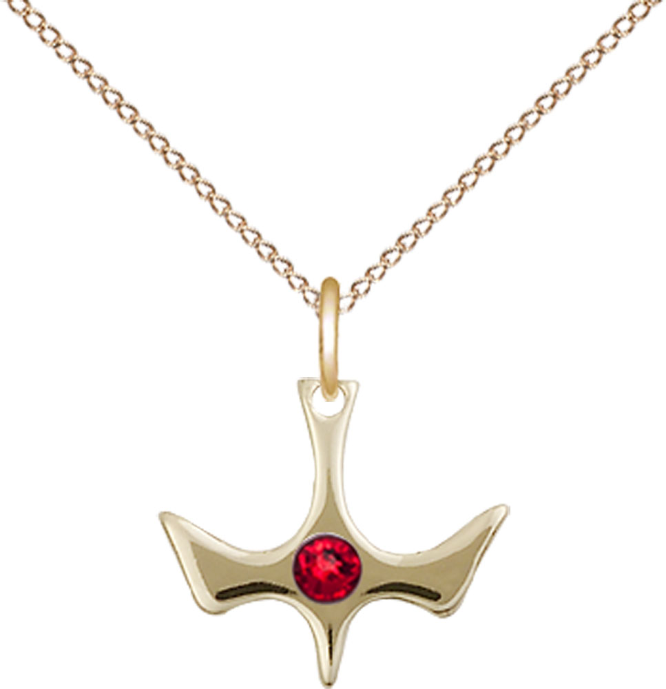 14kt Gold Filled Holy Spirit Pendant with a 3mm Ruby Swarovski stone on a 18 inch Gold Filled Light Curb chain