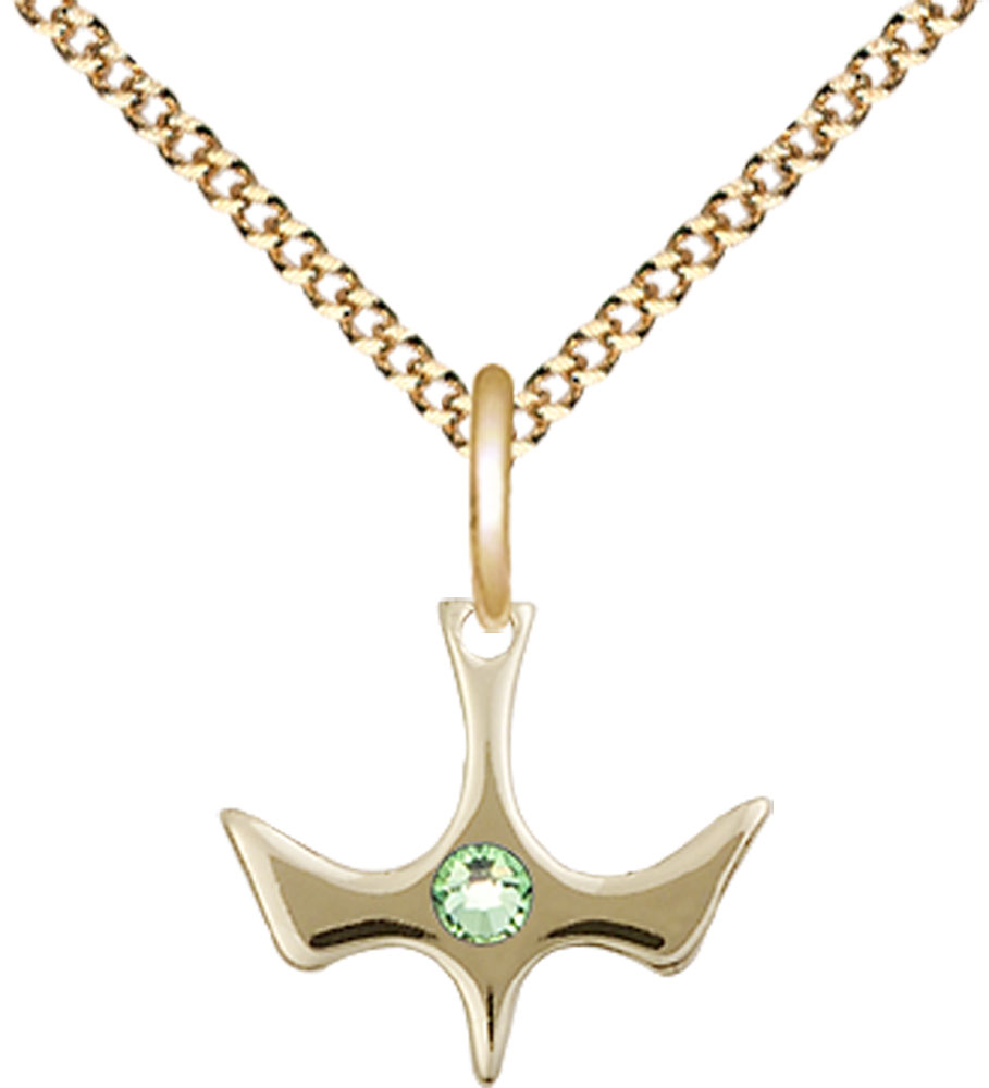 14kt Gold Filled Holy Spirit Pendant with a 3mm Peridot Swarovski stone on a 18 inch Gold Plate Light Curb chain