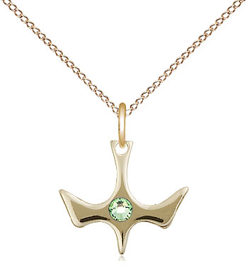 14kt Gold Filled Holy Spirit Pendant with a 3mm Peridot Swarovski stone on a 18 inch Gold Filled Light Curb chain