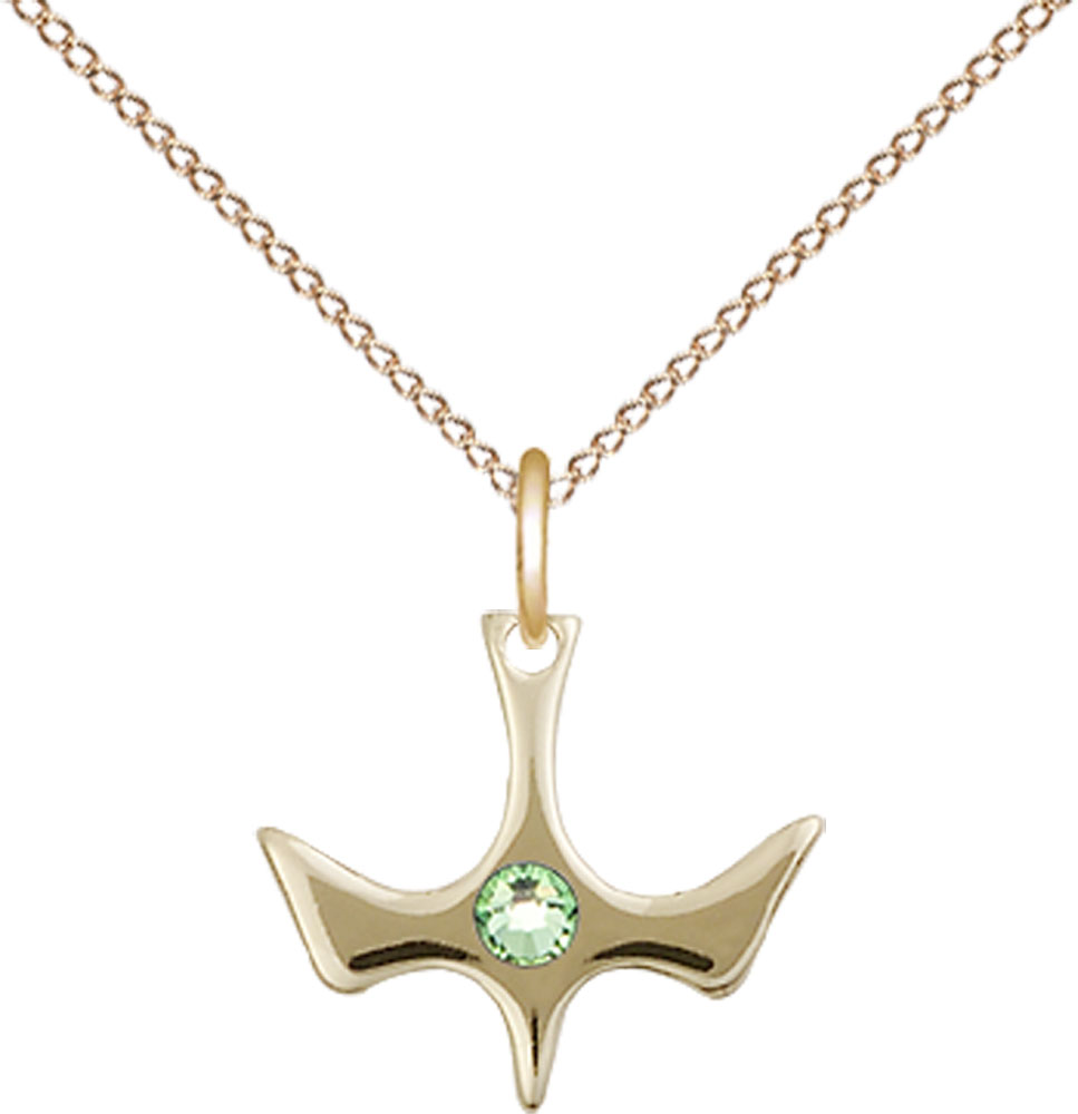 14kt Gold Filled Holy Spirit Pendant with a 3mm Peridot Swarovski stone on a 18 inch Gold Filled Light Curb chain