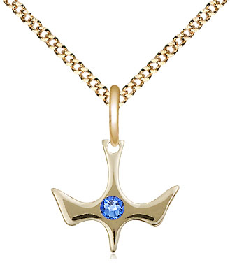 14kt Gold Filled Holy Spirit Pendant with a 3mm Sapphire Swarovski stone on a 18 inch Gold Plate Light Curb chain